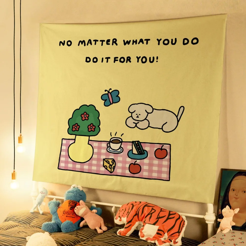 VIKAMA Cute Dog Tapestry Kawaii Wall Hanging Yellow Cartoon Puppy with Inspirational Quote for Bedroom Dorm Room Aesthetic Decor
