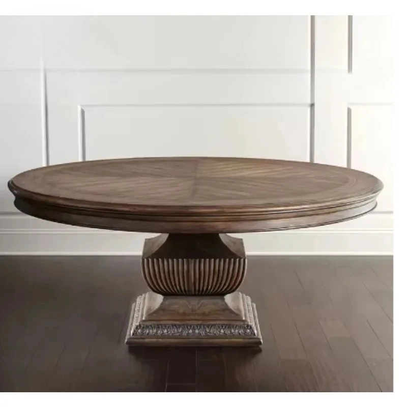 American dining table light luxury solid wood carving round dining table and chair combination French retro old country simple