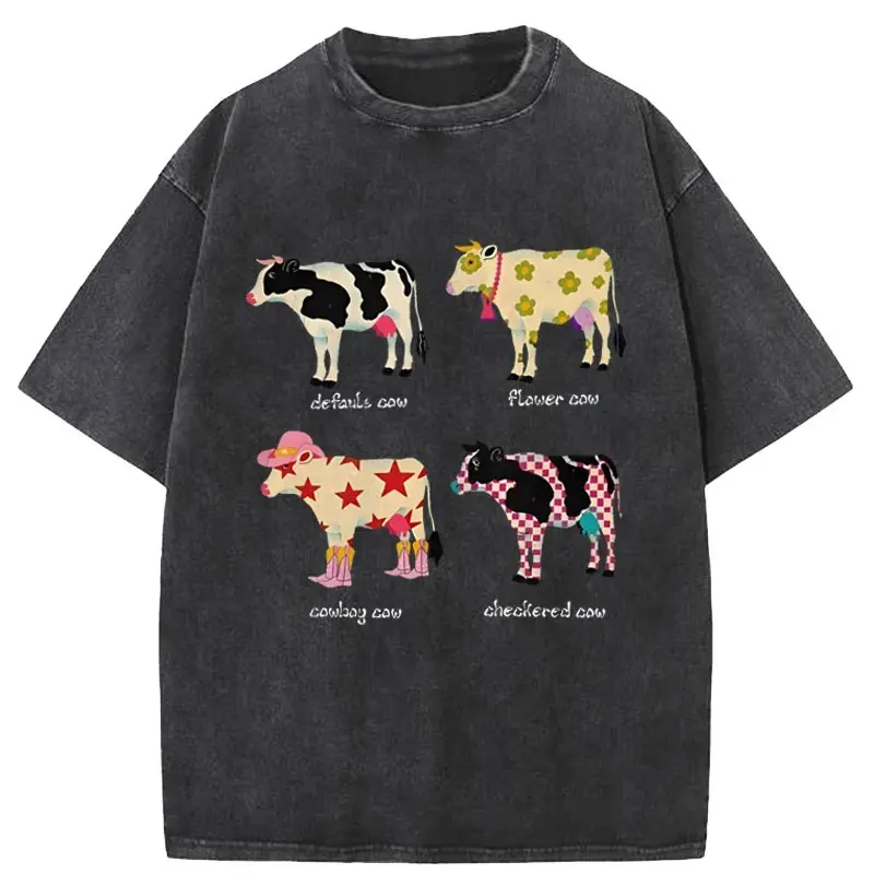 Fashion Cute Cartoon Cow Print T-Shirt Pure Cotton Washed Shoulder Round Neck Neutral Style Trend Summer New High Quality Short