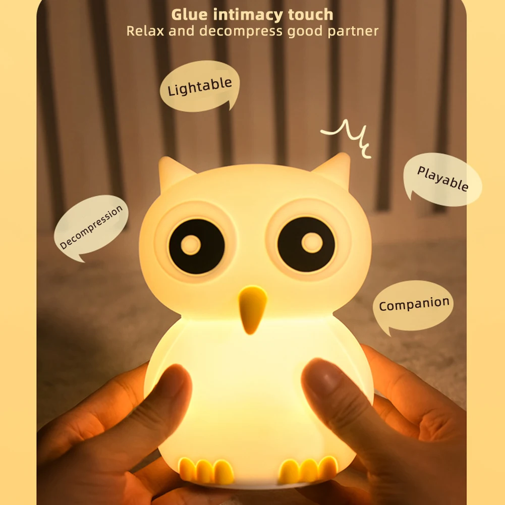 Children's Night Light Cartoon Owl Pat USB Charging Colorful Atmosphere Light Silicone Kids Sleep Companion Baby Room Decor