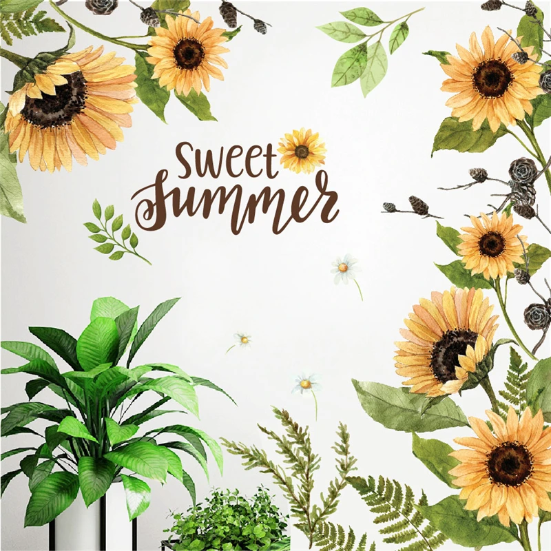 Blooming Sunflower & Leaf Wall Sticker For Office Store Studio Home Decoration Diy Plant Mural Art Pvc Decal Pastoral Posters