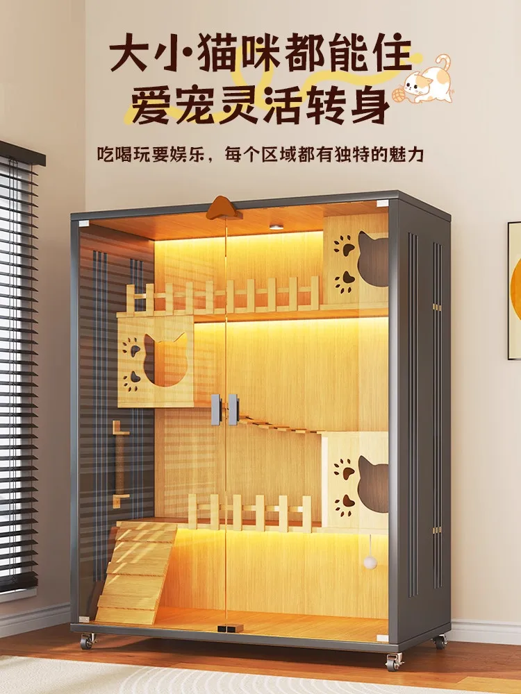 Cat Villa Cat Tree with Litter Box Integrated Indoor Cat House Wooden Large Space Glass Door Cabinet for Cats