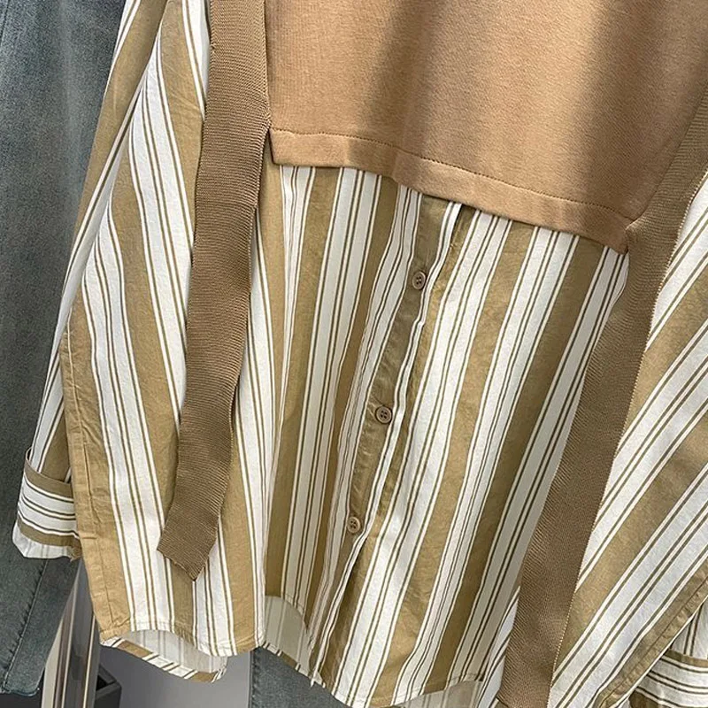 spring autumn Fake two pieces blouse women Round neck fashion Long Sleeve Button patchwork Pullovers Striped Contrast color tops