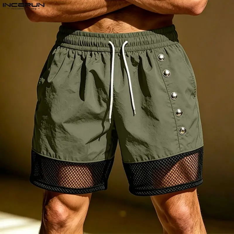 INCERUN Men's Shorts Mesh Patchwork See Through Drawstring Men Bottoms Streetwear Summer Loose 2026 Casual Shorts For Man S-3XL
