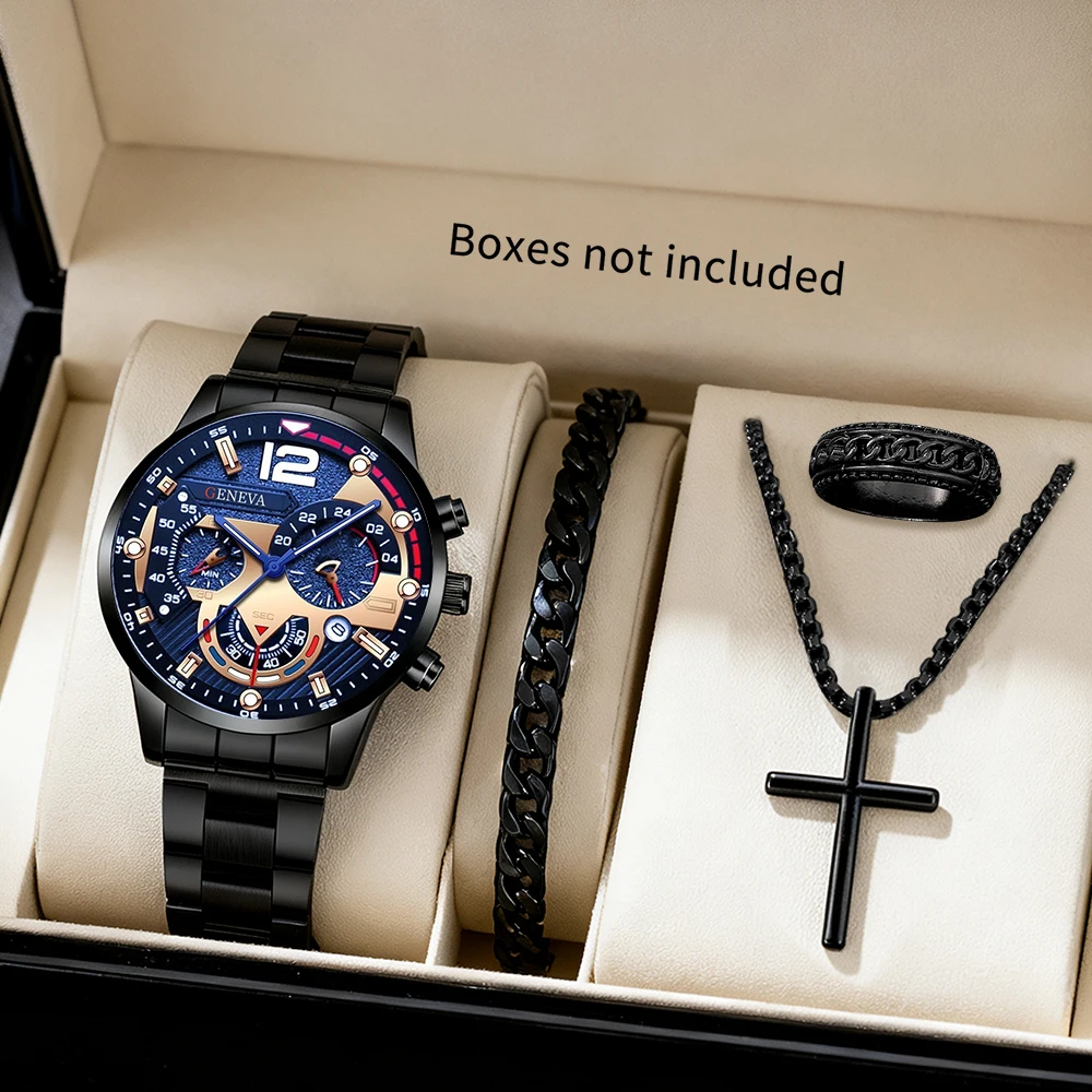 4pc men's fashionable quartz watch and versatile accessory set for daily wear as gifts for friends and family
