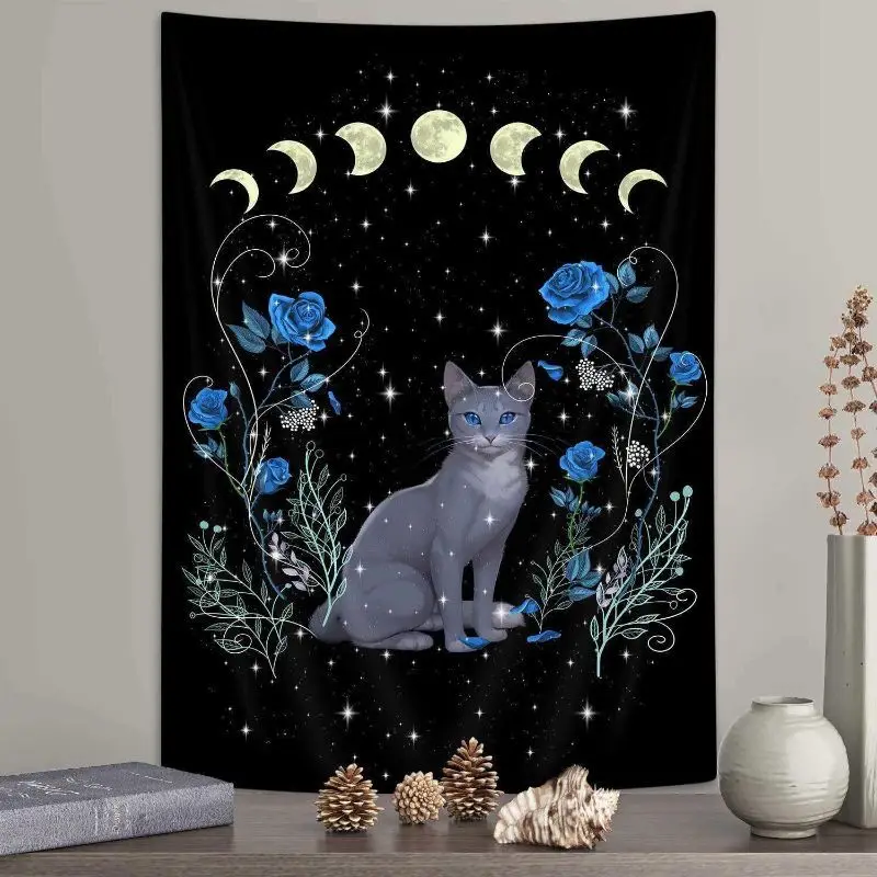VIKAMA Black Cat Pentagram Moon Phase Wall Tapestry Crystal Witchy Home Decor Durable Thick Soft Cozy Aesthetic Gift Washable