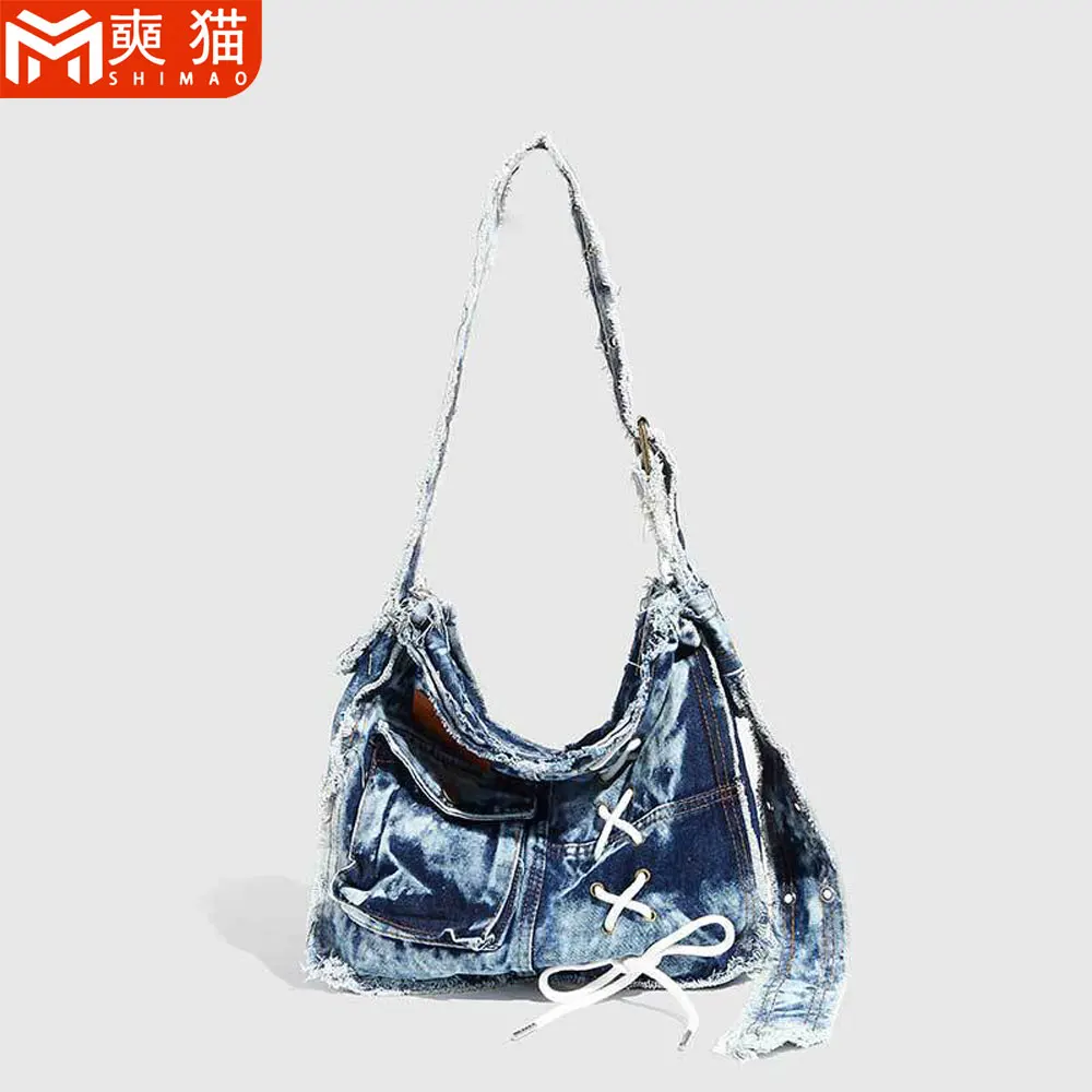 

Lazy Literary Style Denim Shoulder Bag For Women Girls Retro Fashion Denim Bag Personalized Commuting Cross-Body Bag Women Girls