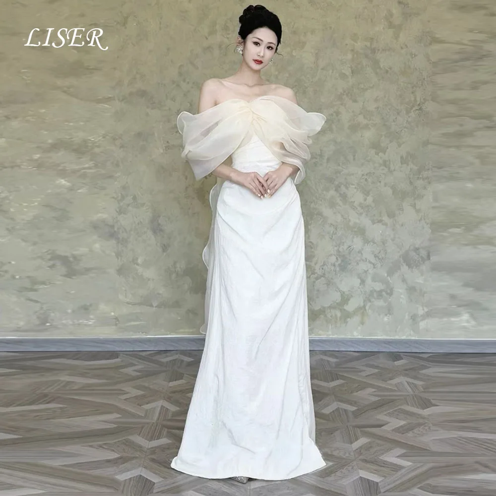 

Простые корейские свадебные платья Liser с открытыми плечами, шелковые атласные длинные элегантные свадебные платья из органзы для фотосессии 저체레스 Настроить корсет