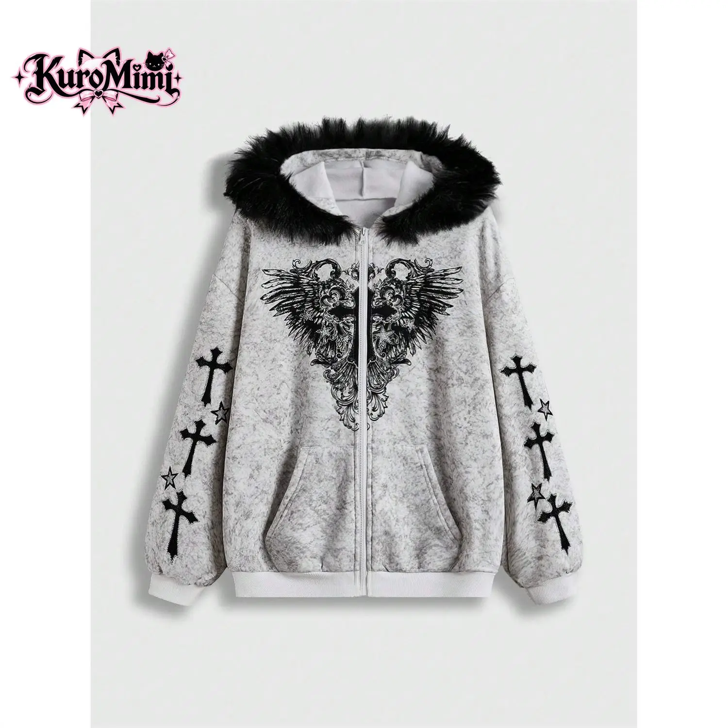 Gothic Y2K Vintage Zip Up Hoodie Women Fleece Lined Faux Fur Trim Cross Wing Graphic Print Oversized Loose Fit Casual Streetwear
