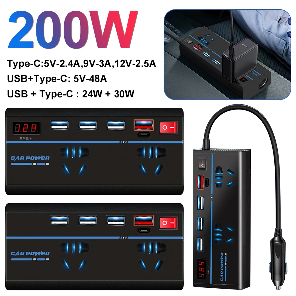 

110V Car Inverter DC 12V to AC 110V 220V 200W Converter Auto Power Adapter LED Display 4 Port USB Type C Fast Charging Station