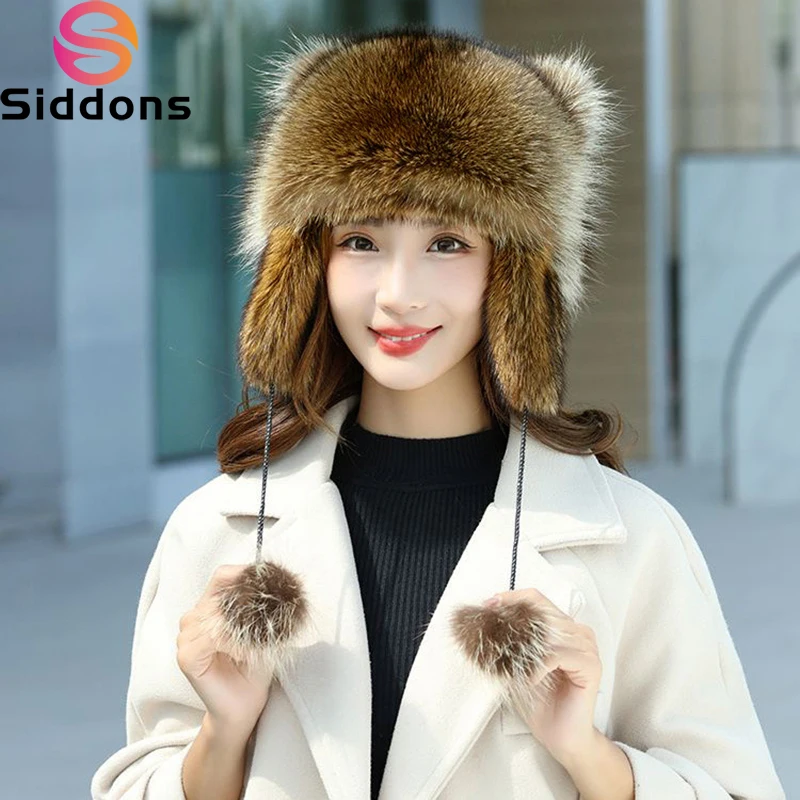 Lady Real Raccoon Fur Cap Tail Women Natural Raccoon Fur Caps Ushanka Hats for Winter Thick Warm Ears Fashion Bomber Pom Pom Hat