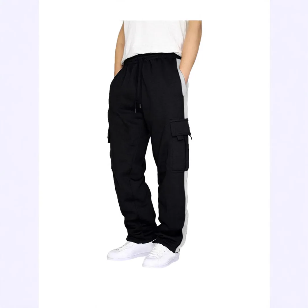 

Autumn New Men's Cargo Pants Large Pockets Solid Color Splicing Sports Casual Loose Straight Pants