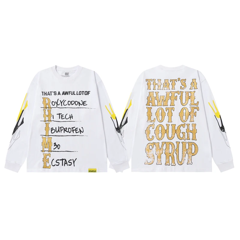 Streetwear Contrast Graffiti THAT'S A AWFUL LOT OF COUGH SYRUP Long Sleeve T-Shirts Retro Print Drop Shoulder Casual Tops
