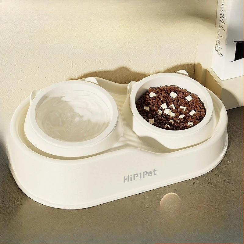 

New Pet Bowl Simple White Cute Cat Ceramic Double Bowl Anti-knock Cat Dog Feeder Drinking Water Pet Food Bowl Dog Accessories