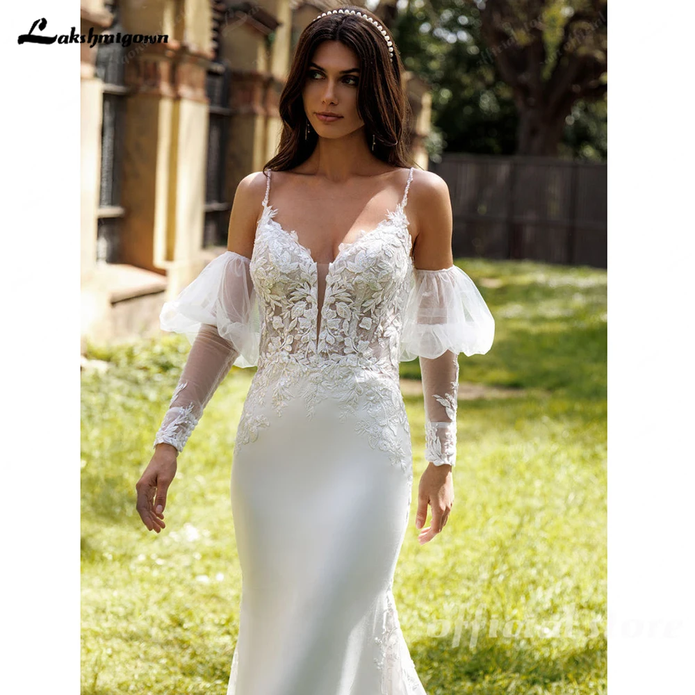 Lakshmigown Sexy V-Ausschnitt Spitzen-Meerjungfrauenkleid für Frauen, Crêpe-Satin V-Ausschnitt Langes Brautkleid nach Maß – Detail 7