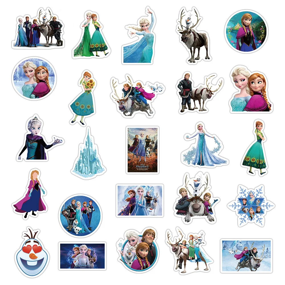 Diseny-pegatinas de Frozen Elsa para niños, calcomanía impermeable de princesa, grafiti, cuaderno de coche, pegatina de PVC, 10/30/50 piezas