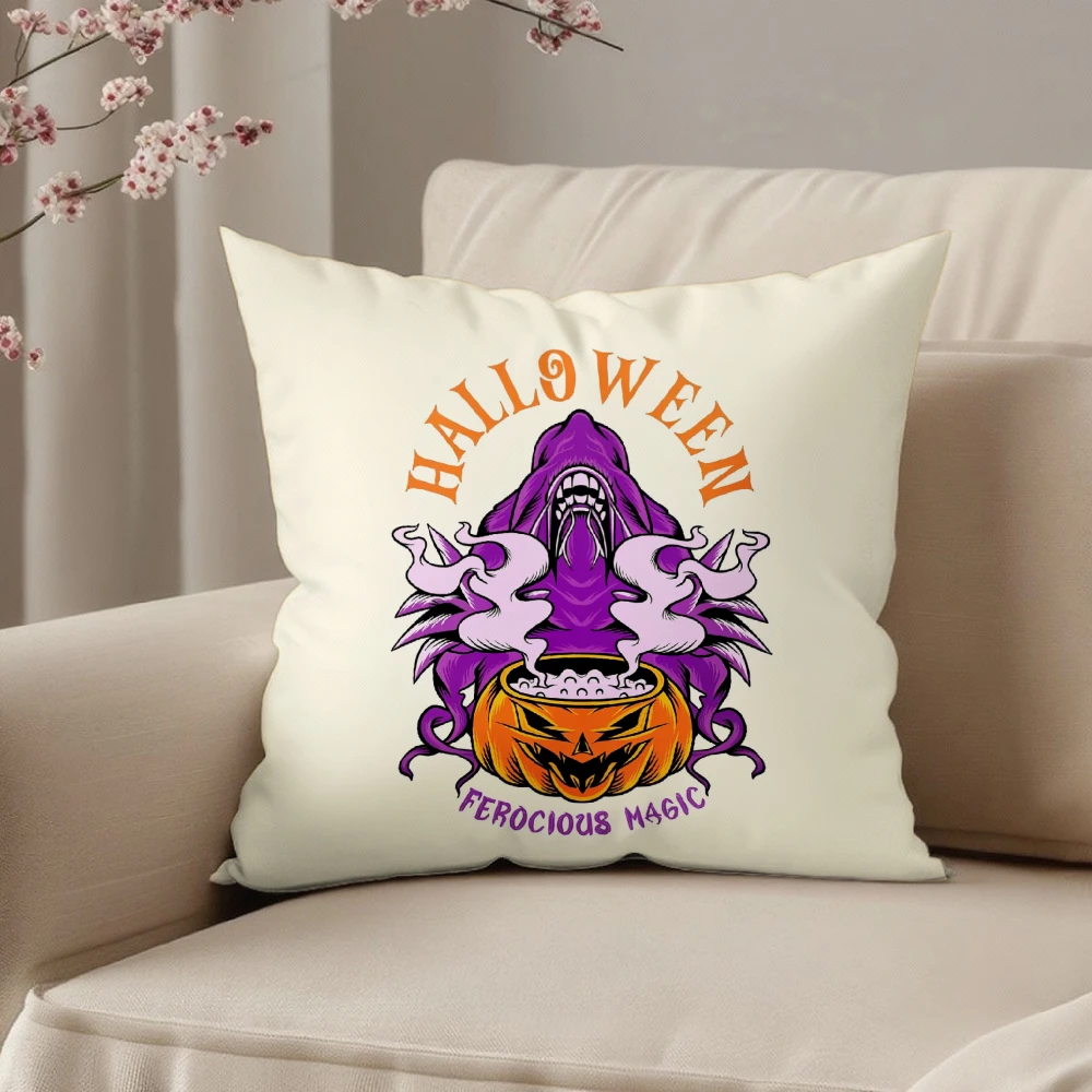 Square Throw Pillow Cream Halloween Purple Ghost Ferocious Magic Cauldron Print Living Room Bedroom Sofa Decor