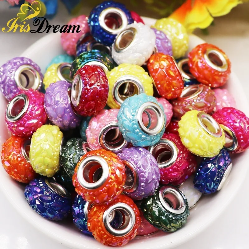 10Pcs/Lot Assorted Color AB Plated 14mm Round Loose 5mm Large Hole fit Women Girls DIY Bracelet Necklace Hair Beads Keychains