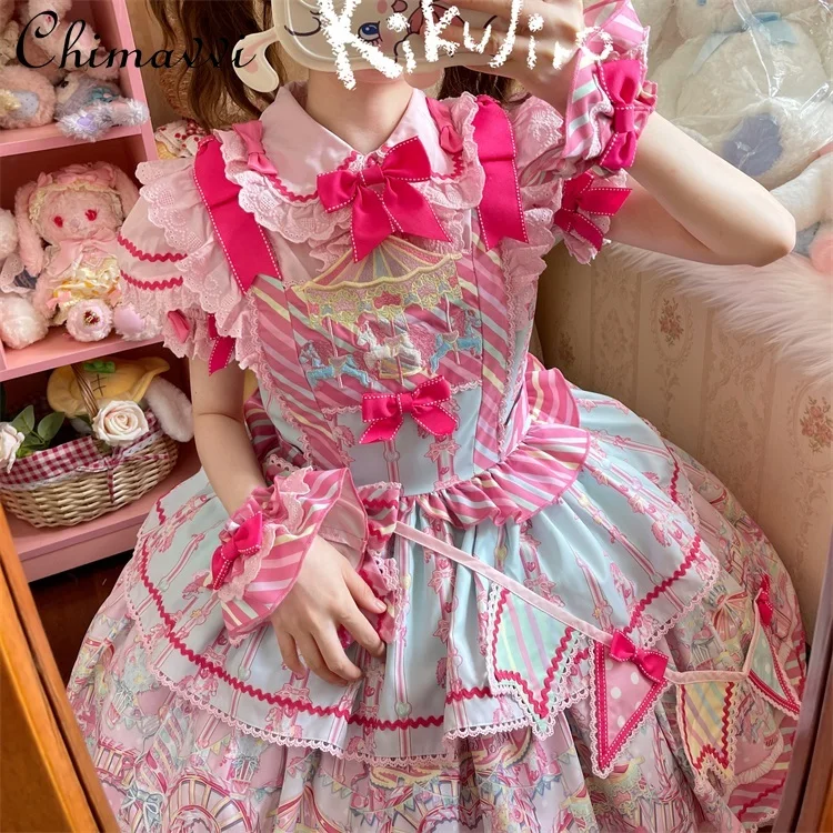 Sweet and Cute Girls Lolita Dress Sets 2024 Summer New Short-sleeved Student Shirt Jsk Short Strap Dress Kawaii Women\'s Outfits