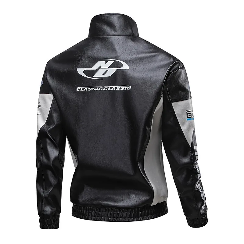 الخريف رجل معطف جلد رسالة جديدة مطبوعة التباين اللون الذكور ملابس خارجية دراجة نارية فاسق الوقوف طوق طويلة الأكمام الرجال سترة #4