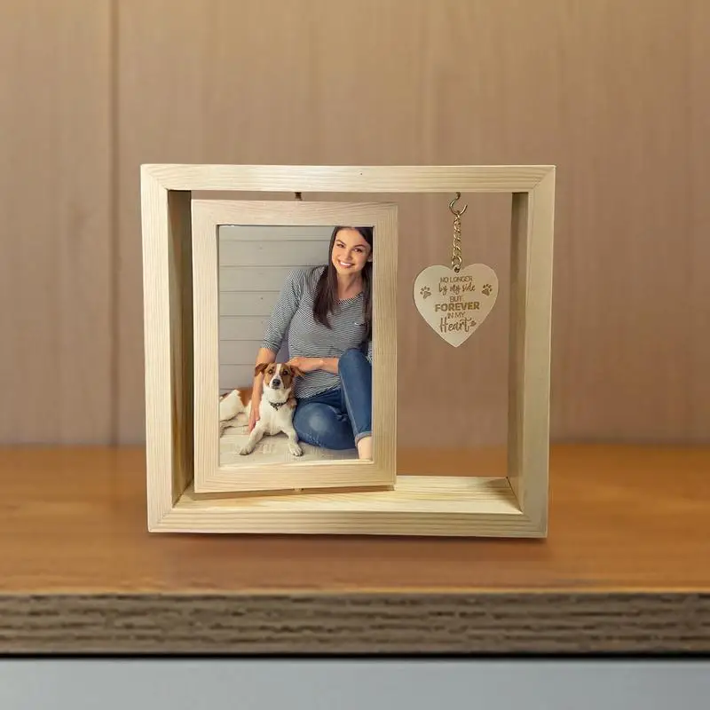 Wooden Rotatable Desktop Photo Frame Rotatable Pet Photo Frame Heart Pendant Dog Memorial Home Table Decoration For Bedroom