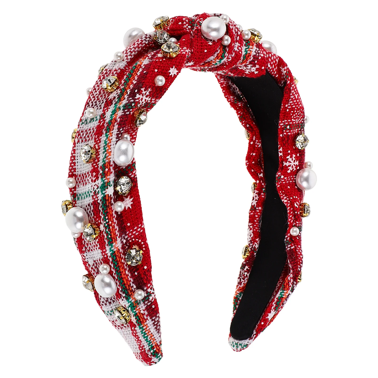 

Christmas Knot Headband for Women Wide Vintage Style with Imitation Pearls Rhinestone Embellished Holiday Hairband Festive Party