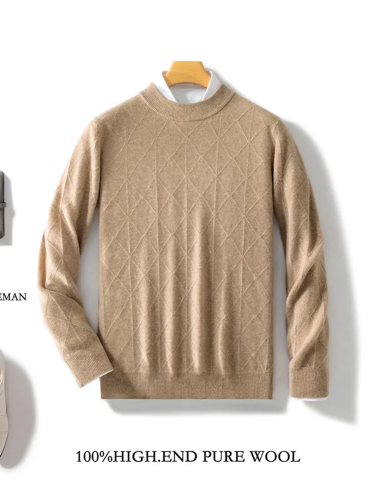 Autumn Winter Men's Cashmere Sweater Thick Mock-neck Wool Pullover 100% Merino Wool Knitwear Cable Knitting Comfy Sweater Tops