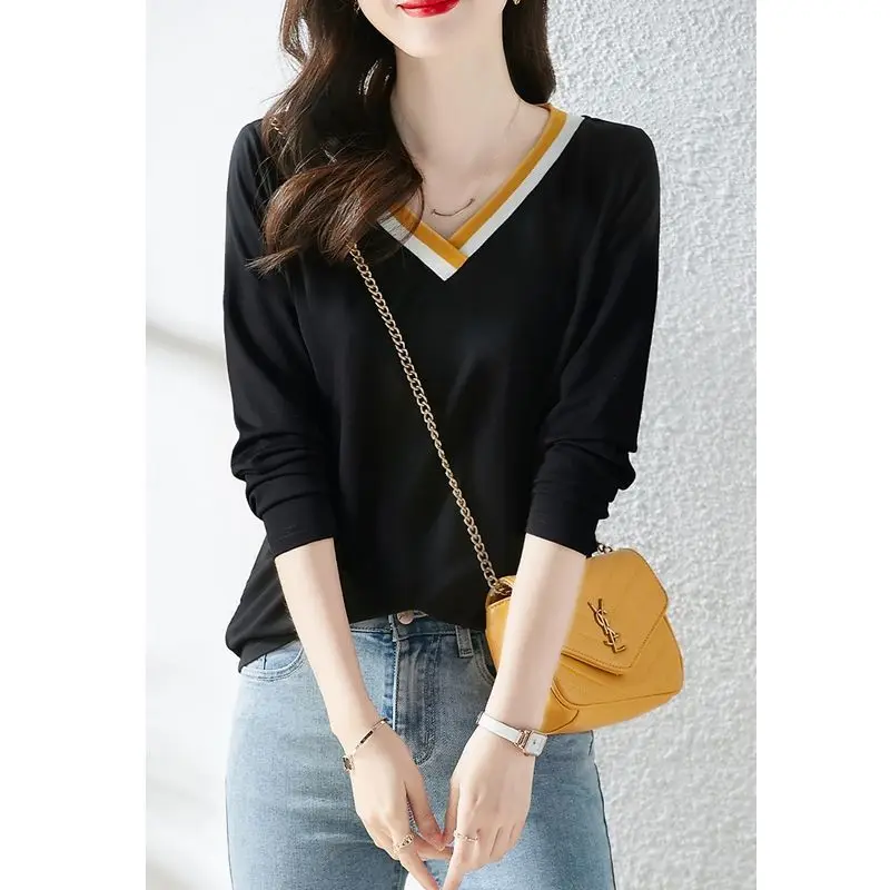 V-Neck Spliced Contrast Color Long Sleeve Casual Spring Autumn New Top Korean Classic Women\'s Clothing Wear Outside Tee Shirt