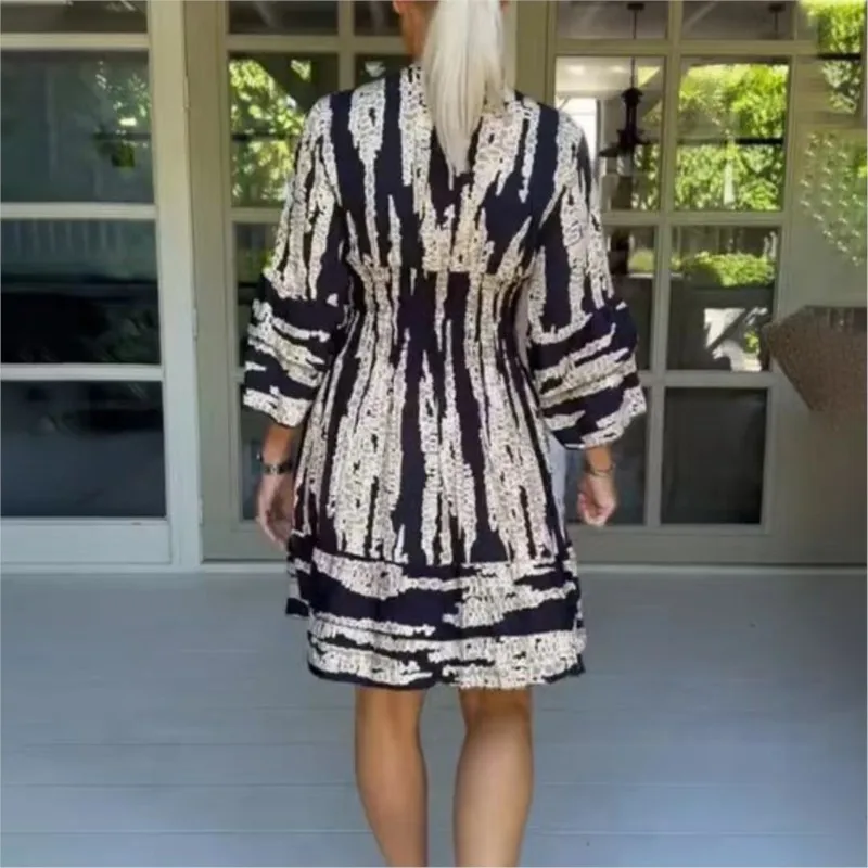 Chic Vintage Midi Dress Fashion Casual a maniche svasate Slim a vita alta Beach Boho Dress eleganti donne con scollo a V stampa abiti da festa