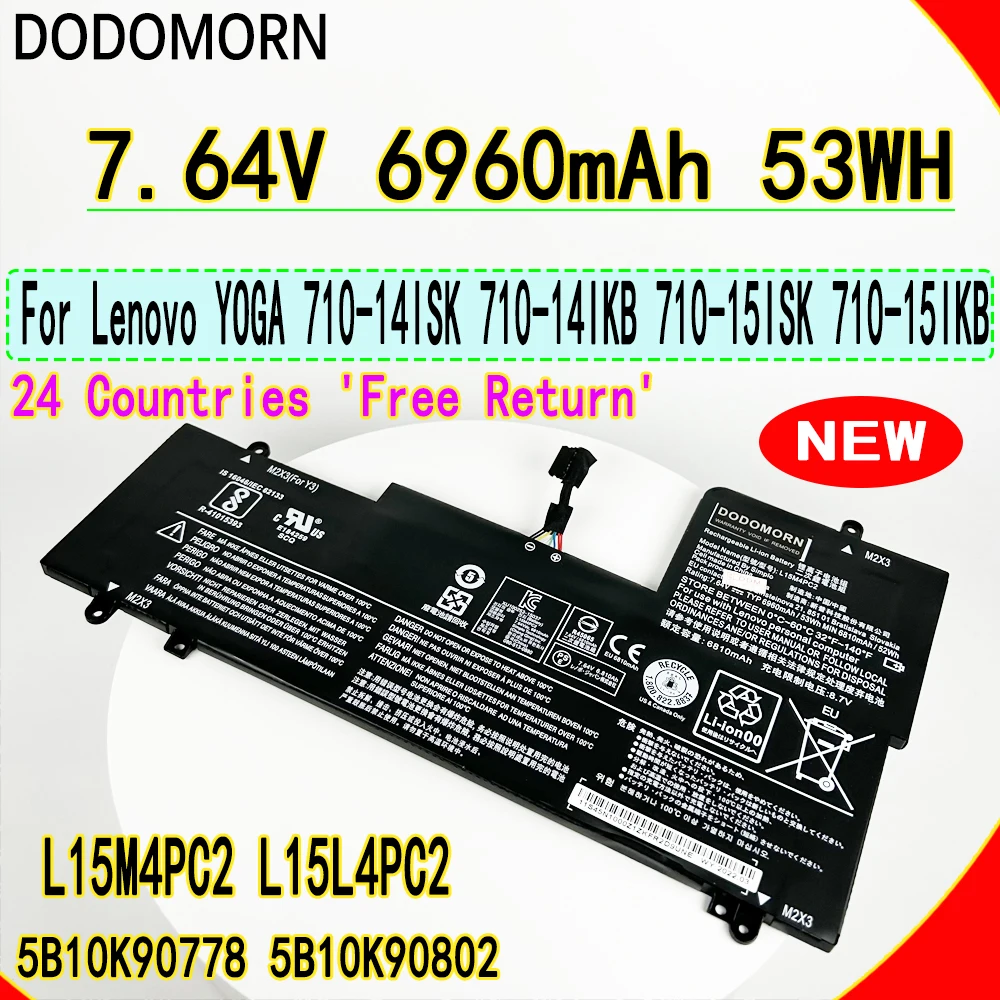 DODOMOR New 7.64V 53WH Battery For Lenovo YOGA 710-14ISK 710-14IKB 710-15ISK 710-15IKB L15M4PC2 L15L4PC2 5B10K90778 5B10K90802