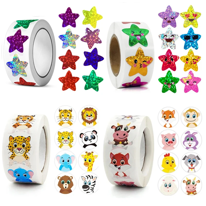 

500/1000pcs Colorful Star Adhesive Holographic Star Stickers Zoo Farm Scrapbook Sticker Roll Labels For Kids DIY Gift Toys