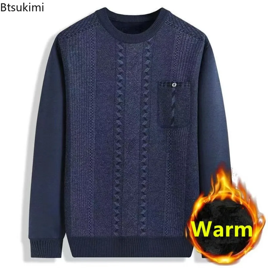 2024 Autumn Winter Men's Thicken Plush Lining Knitted Sweaters Soft Warm Casual O Neck Pullover Men Knit Sweaters Tops Oversized
