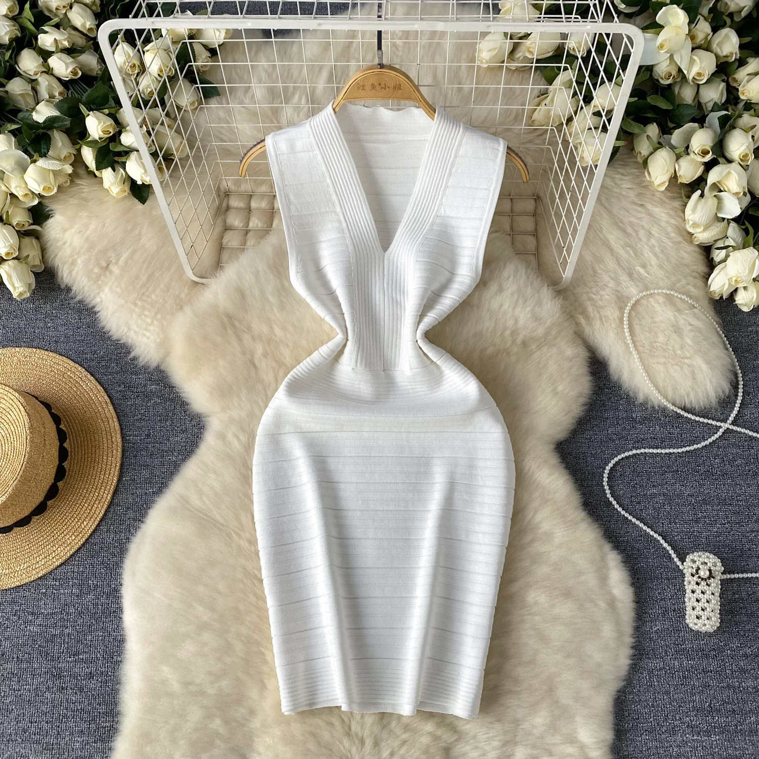 Summer New Bodycon Basic Women Knitting Dress Sleeveless V Neck Tank Ladies Elastic Waist Solid Streetwear Dresses
