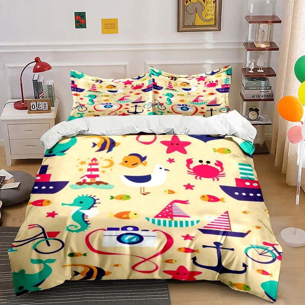 

3Pcs Nautical Kids Bedding Set, Cute Sea Creatures and Boats Print Duvet Cover + 2 Pillowcases, Nursery Decor