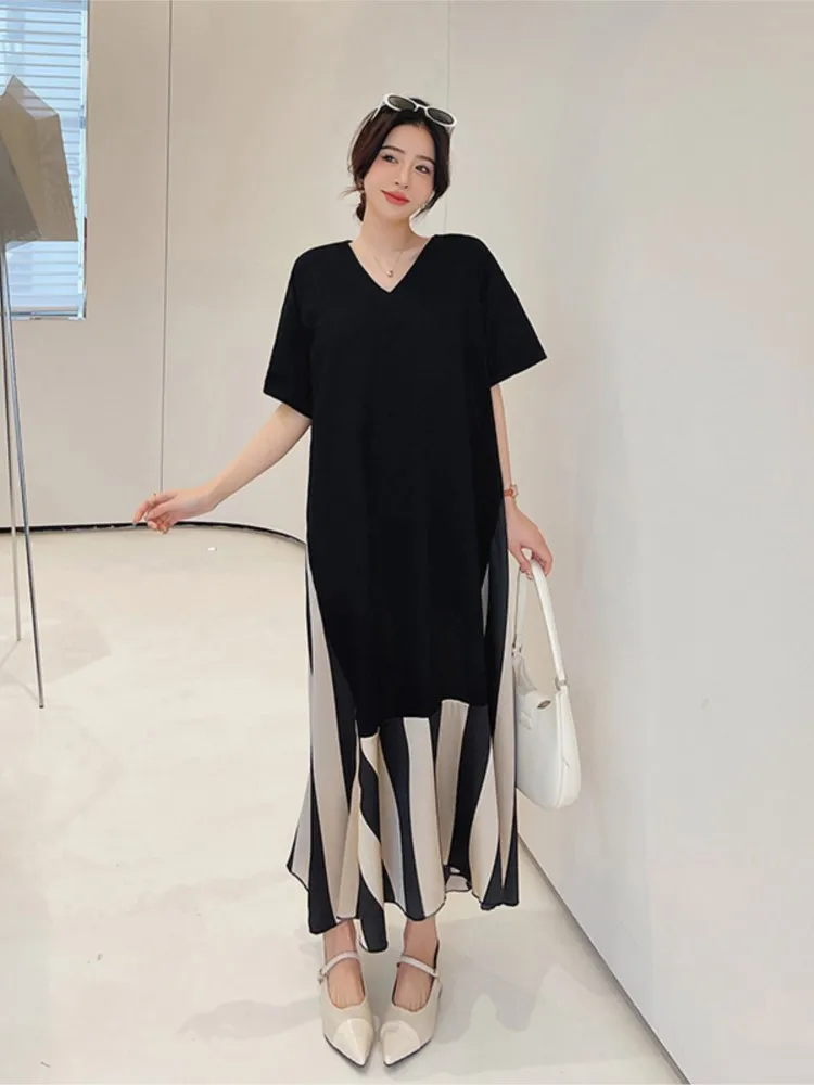 Falso de duas peças verão novo longo acetato cetim listra com decote em v vestido de manga curta maxi tamanho roupas moda vestido feminino