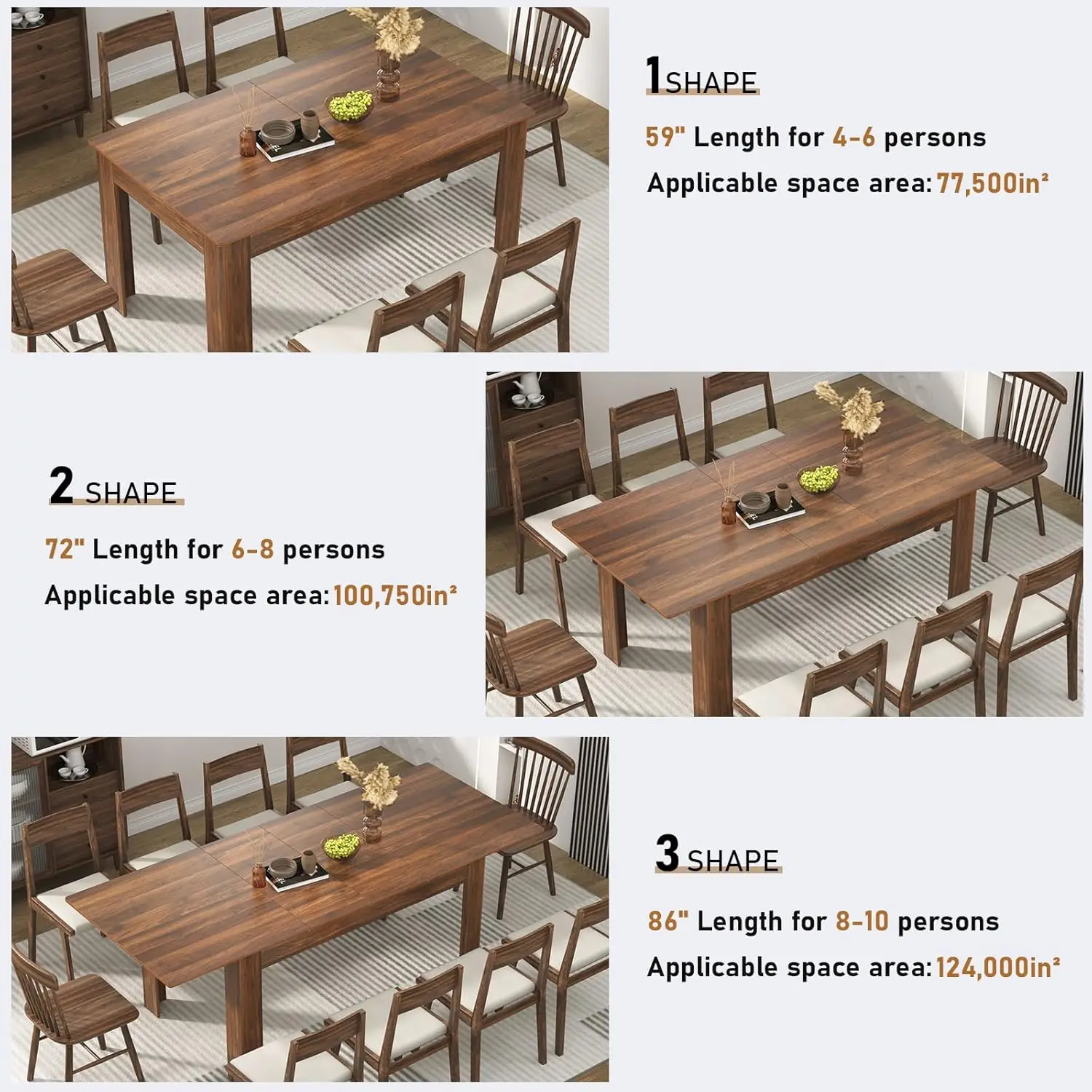 Extendable Dining Table for 6-10 Person, Wooden Dining Room Table, Modern Extendable Table for Gatherings, Meeting for Small