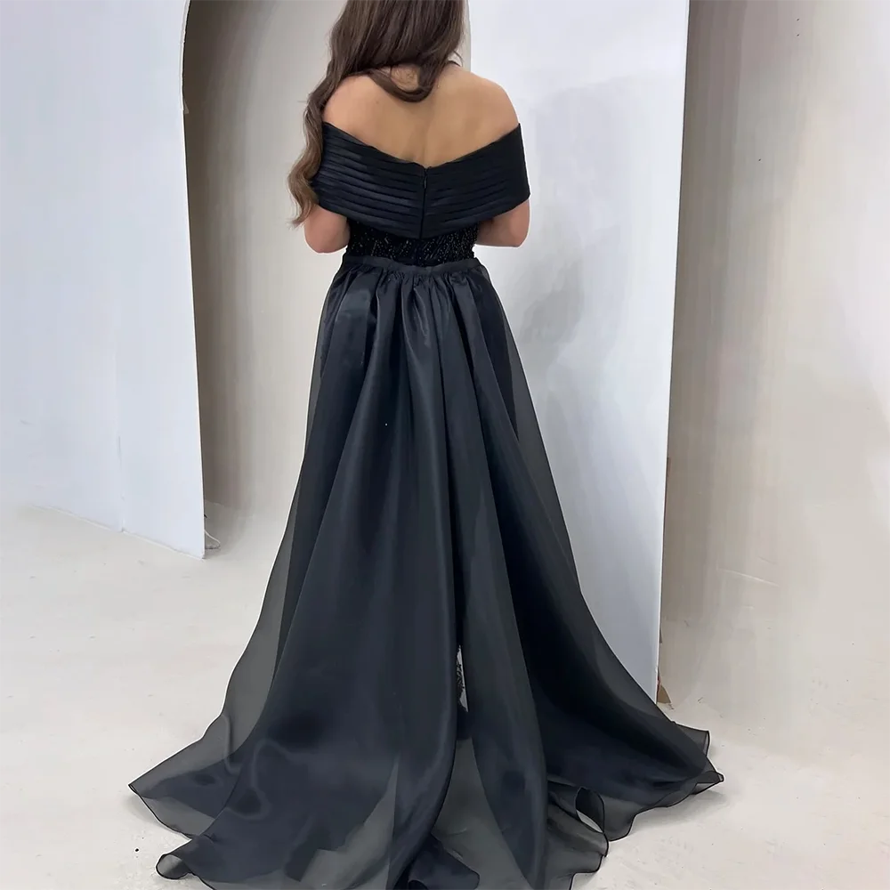 فساتين سهرة طويلة فاخرة بالترتر الأسود للنساء 2025 فساتين زفاف عربية للحفلات الراقصة بدون أكتاف بطول الأرض فساتين الحفلات الرسمية