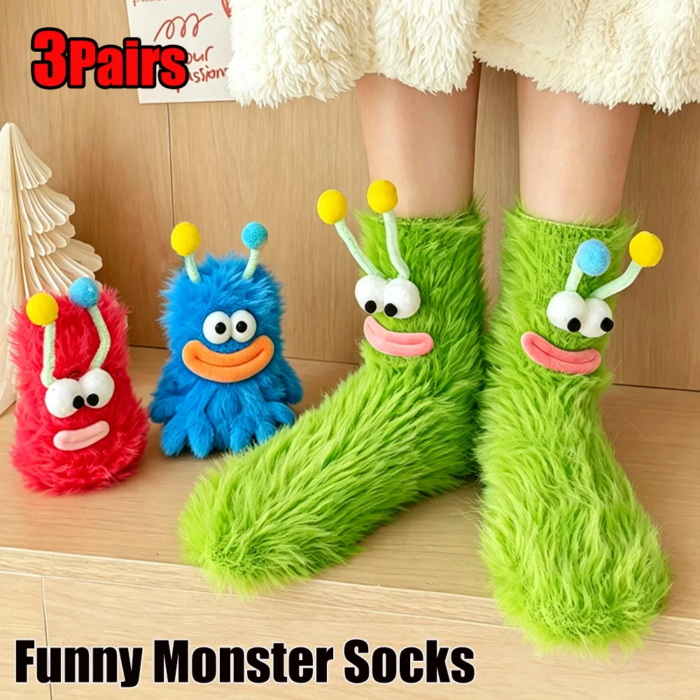 Funny Monster Socks Women Autumn Winter Coral Fleece Floor Socks Couple Sleep Fuzzy Socks Christmas Stockings Men Women as Gifts