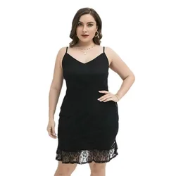 Plus-Size Women's Lace Dress for Chubby Girls  Pure and Sensual Strappy Short Dress