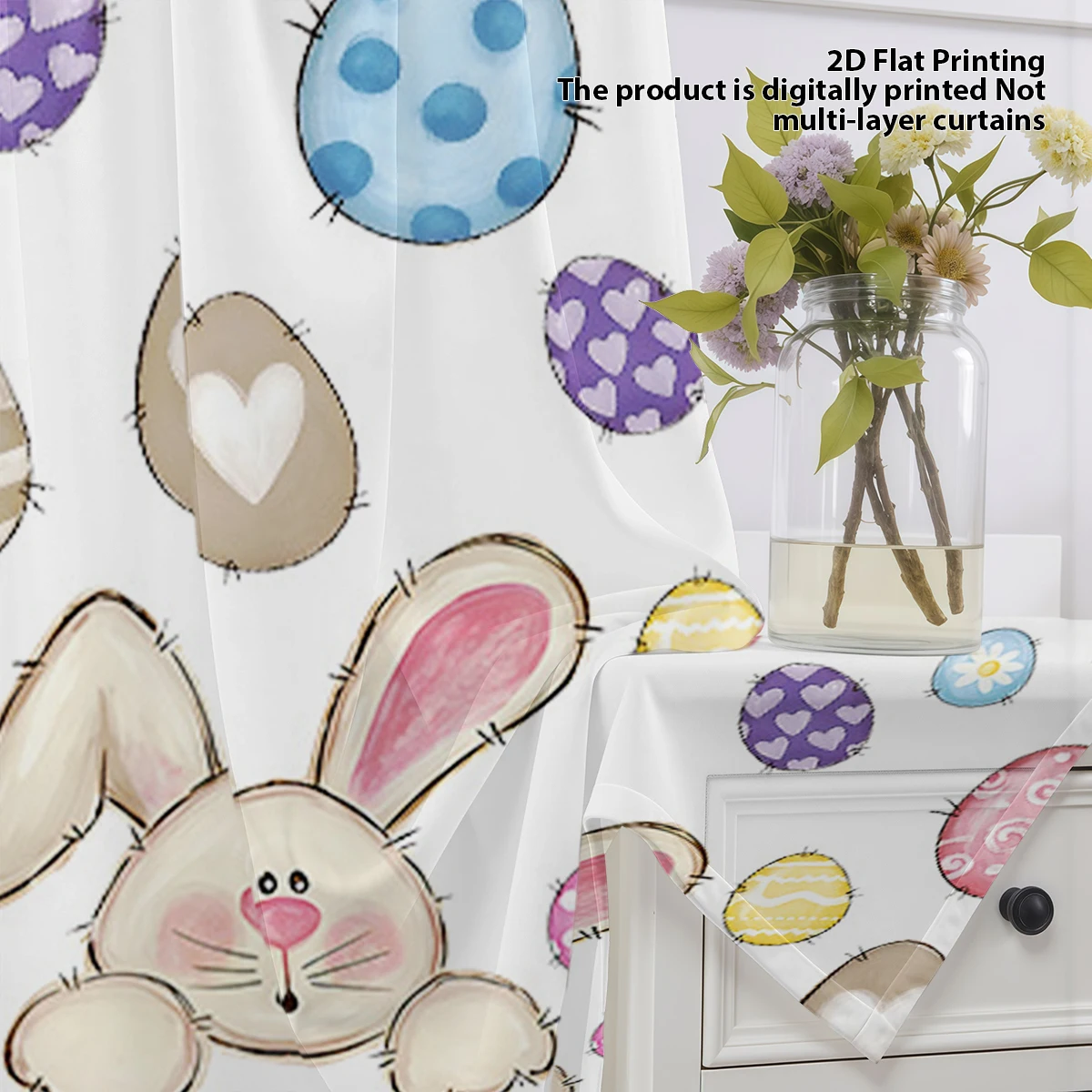 1 Piece Happy Easter Cute Rabbit & Egg Sheer Curtain - Light Reducing, Privacy, Rod Pocket, Translucent, for Living Room/Bedroom