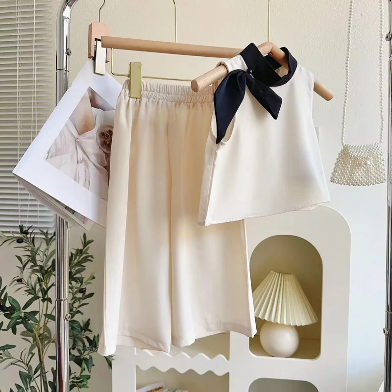 Girls Clothes Set Summer Sleeveless Bow Vest Shirt+Wide Leg Pants Princess Kids Clothing Suits Children Casual Sets 2-8Yrs