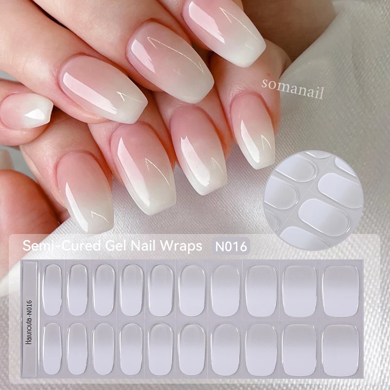 20Tips Gradient French Semi-cured Gel Nail Sticker UV Lamp Needed Full Cover Nail Gel Polish Wraps Manicure Press on Nails Decal