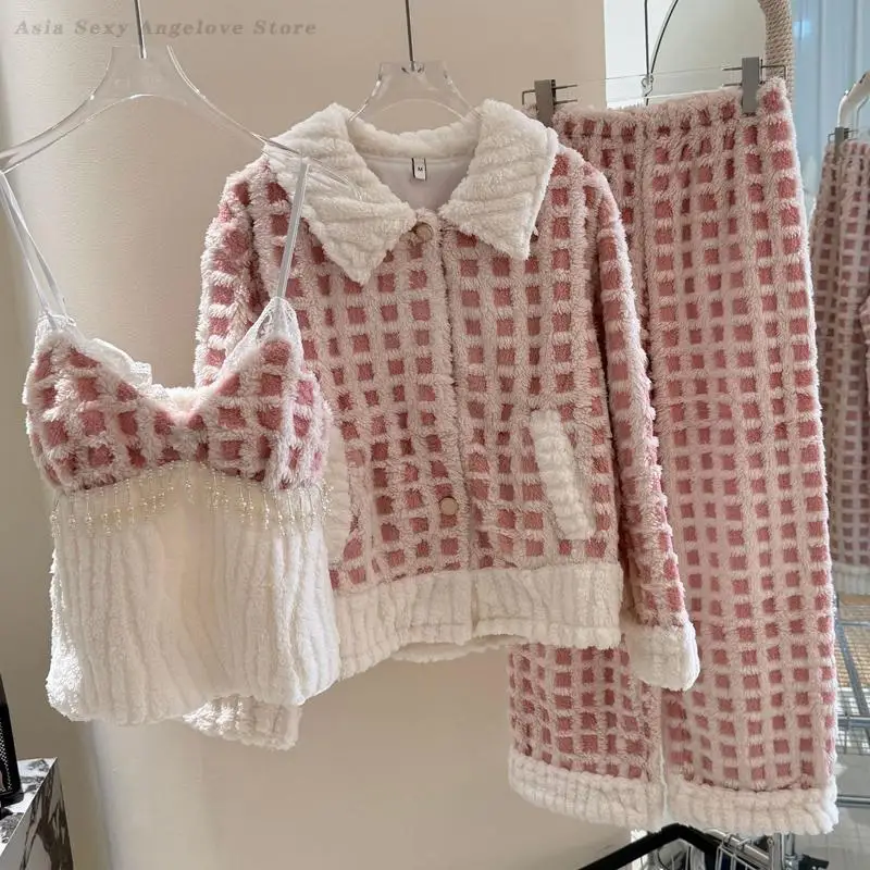 Simple Plaid 3Pcs Pajamas Set Coral Fleece Warm Nightwear Thick Sleepwear Winter Home Clothes Loungewear Casual Pijama Mujer