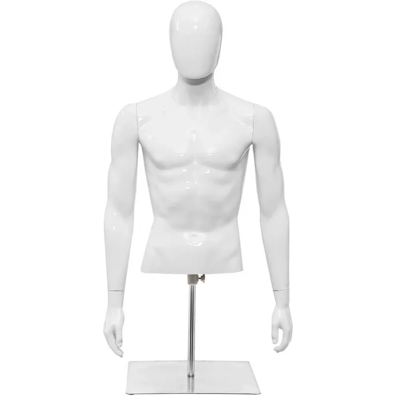 Male Mannequin Adjustable Torso Height Detachable Arms Dress Form Display w/ Metal Stand, White