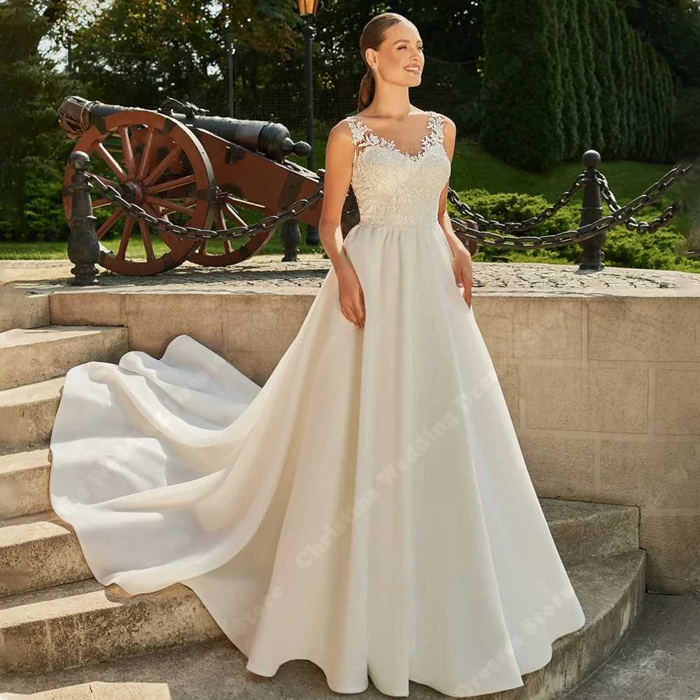 

Noble Satin Surface Wedding Dresses For Women Sexy A-Line Bridal Gowns Pretty Sleeveless Backless Mopping Length Princess Robes