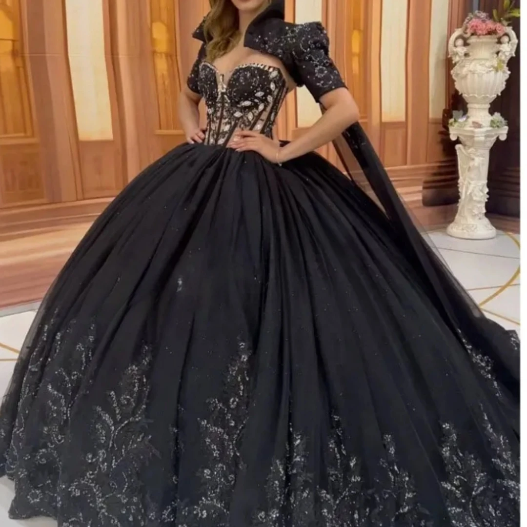 

Gorgeous Black Saudi Arabic Prom Dresses With Cape Crystal Sheer Ball Gown Women Formal Occasion Vestido De 15 Anos Quinceanera