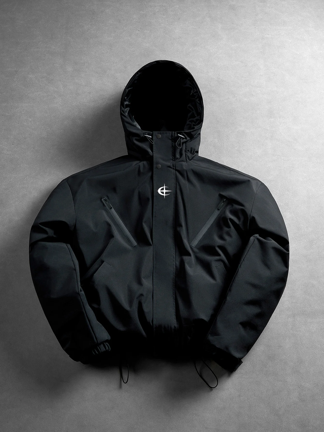 Men Hooded Windproof Jacket, Simple Logo Print on Chest, Diagonal Zipper Pockets, Adjustable Drawstring for Hood & Hem, Elastic Cuffs, Loose Fit, Water Resistant Fabric, Autumn Winter Outdoor Casual Outerwear