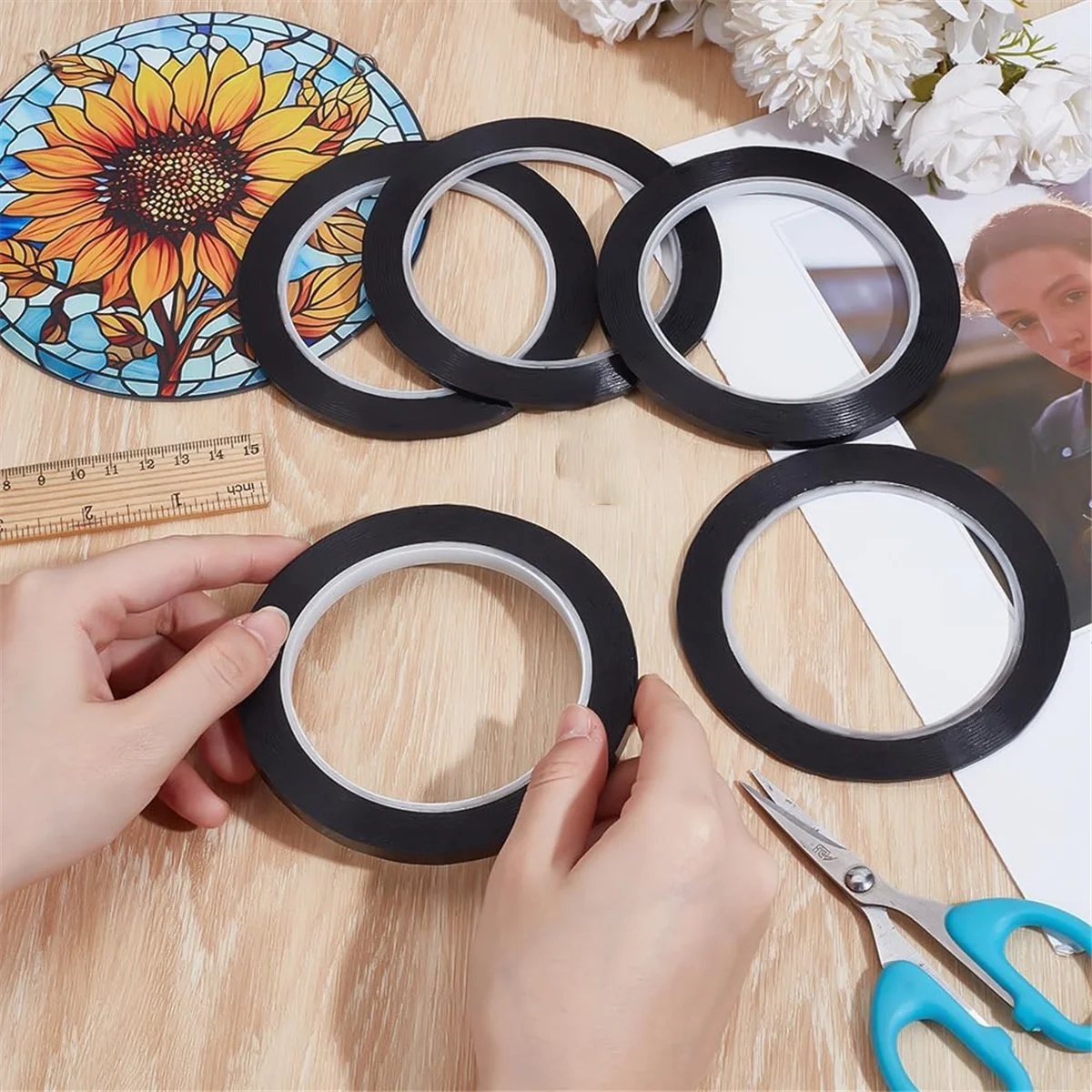 Linhas de chumbo para vitral a79g 360 jardas, fita preta de linha de gráfico pet de 2/3/4/5/6.5mm de largura, suprimentos de vitral, 72 jardas/tamanho