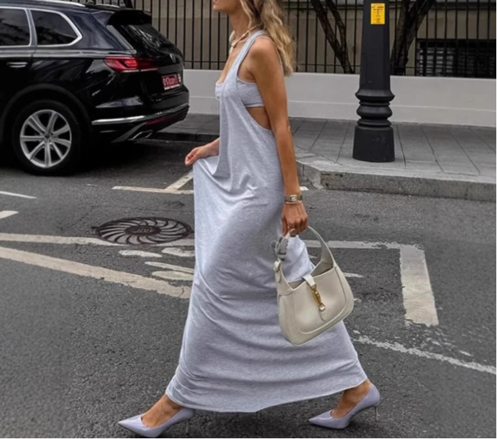 Vestido colete cinza para mulheres no outono 2025 elegante camadas soltas pescoço quadrado vestido linha saia longa