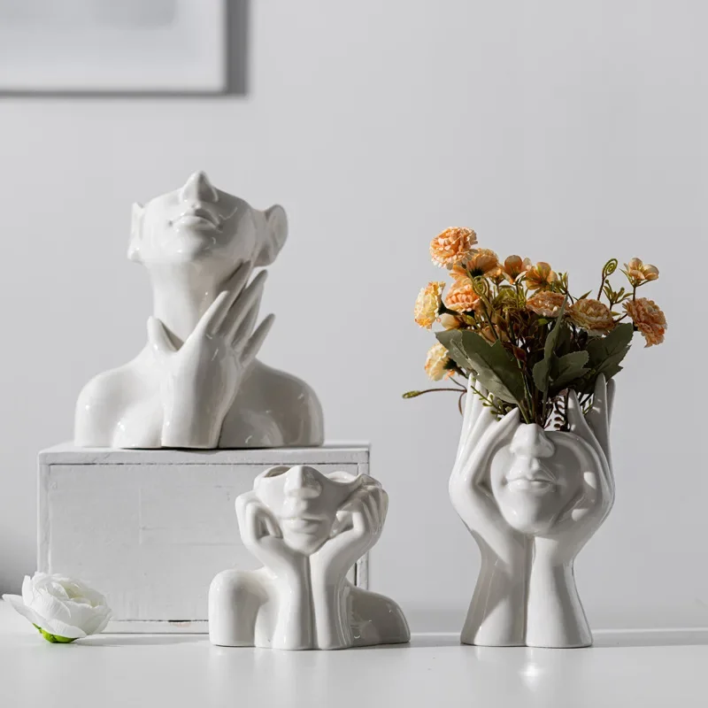 White Human Body Art Ceramic Flower Vase Floral Container Minimalist Desktop Ornament For Home Living Room Tabletop Decor